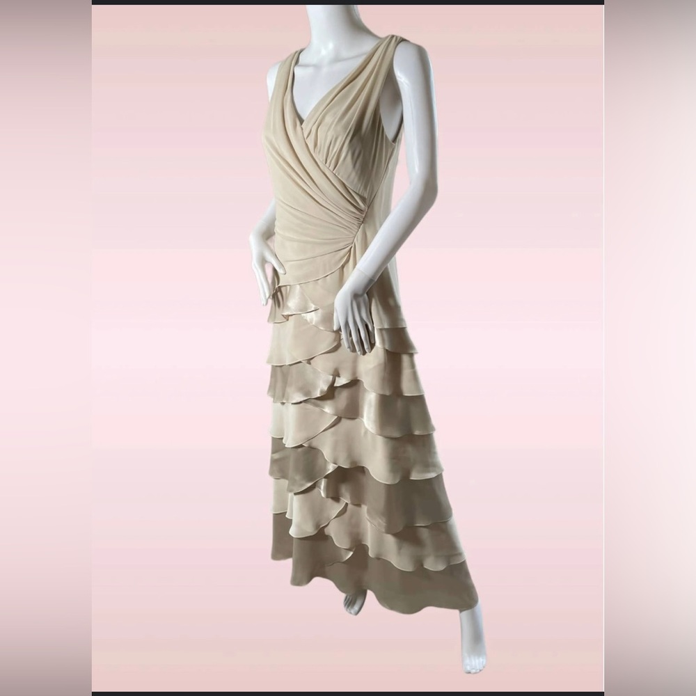 JS Boutique Cream Layered Ruffle V-Neck Evening Gown